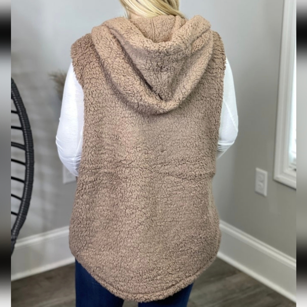 Zenana Mocha Sherpa Hooded Vest - Picture 3 of 3